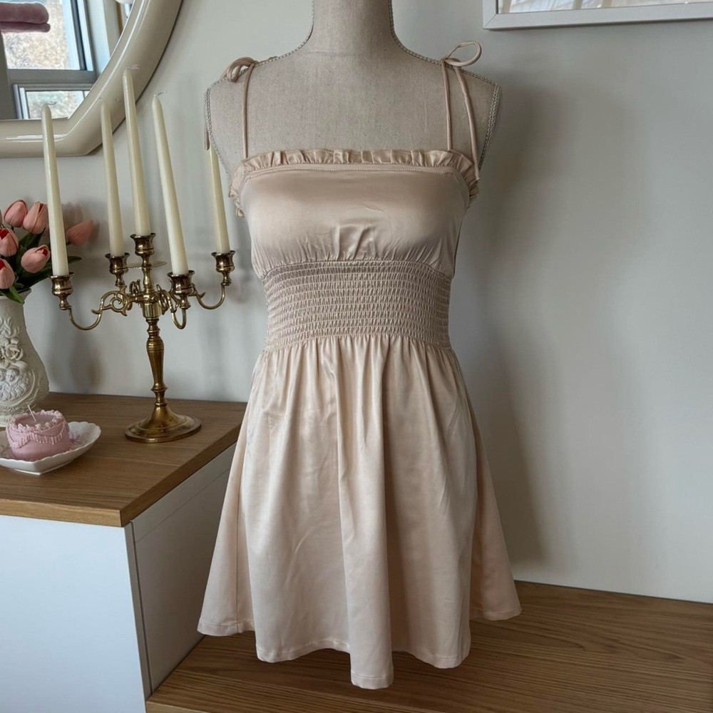 100% Silk Champagne Satin Mini Slip Dress by 437 - Picture 2 of 6